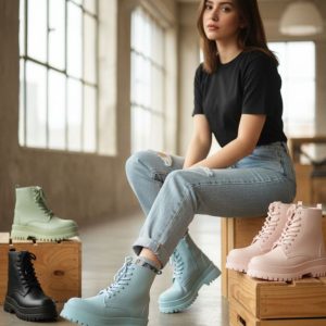 بوت تیمبرلند زنانه دخترانه شیک با طراحی خاص و جذاب مناسب استفاده روزمره و استایل شیک در فصل پاییز و زمستان. رنگ مشکی سبز صورتی آبی ، راحت، سبک سایز ۳۷ تا ۴۰ کفش نیمبوت