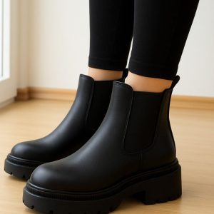 نیم بوت چلسی زنانه دخترانه بغل کشی لژدار شیک با طراحی کلاسیک مناسب استفاده روزمره و استایل رسمی. رنگ مشکی ، راحت، سبک و سایز ۳۷ تا ۴۰ کفش نیمبوت