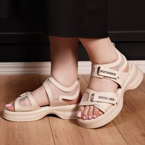 صندل لژدار چسبی زنانه دخترانه رنگ کرم