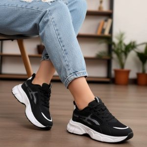 کتونی لژدار آسیکس شیک اسپرت زنانه دخترانه رنگ مشکی زیره سفید
