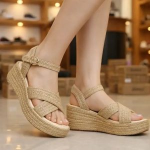 صندل کنفی لژدار شیک زنانه دخترانه رنگ کرم