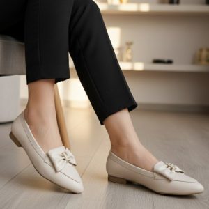 کالج پاپیونی‌ شیک اسپرت پاشنه کوتاه زنانه دخترانه رنگ کرم