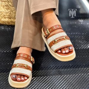 دمپایی صندل کنفی زنانه دخترانه رنگ کرم